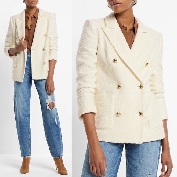Express Wool-Blend Double Breasted Novelty Button Blazer in Ivory & Gold - Picture 6 of 17